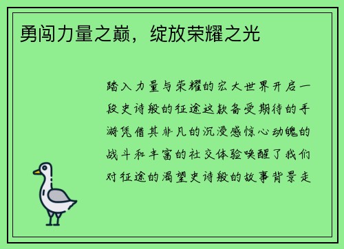 勇闯力量之巅，绽放荣耀之光
